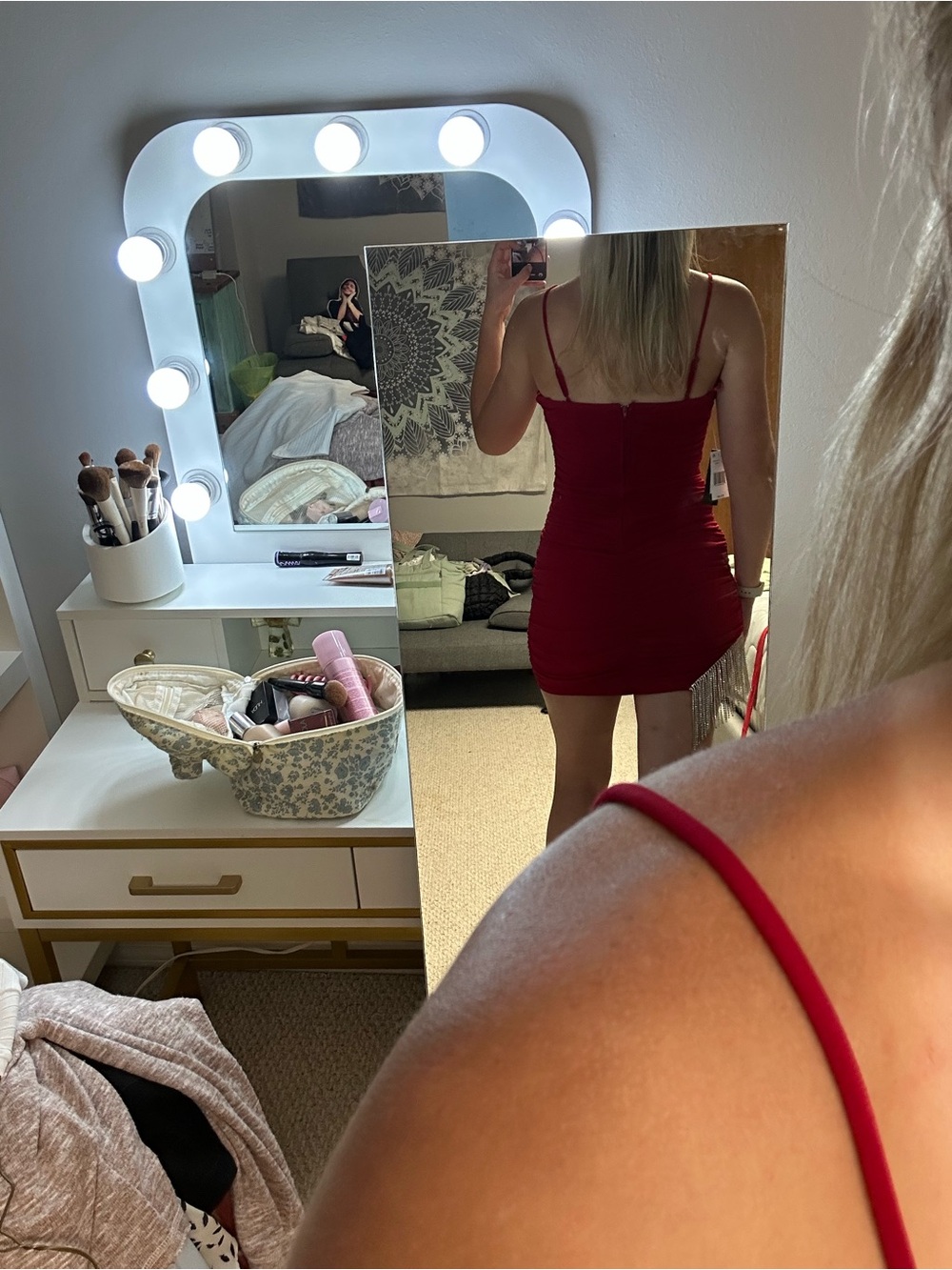 Red Rhinestone Fringe Ruched Mini Dress - Picture 2 of 9
